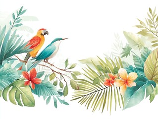 watercolor illustration of exotic birds and palms in a tropical rainforest, floral foliage frame with light green background