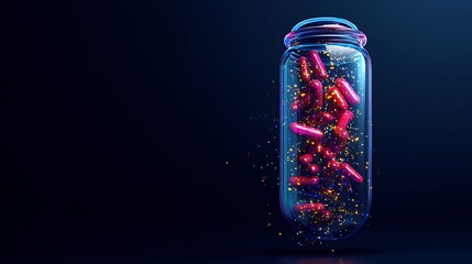 Colorful capsules in a clear glass jar