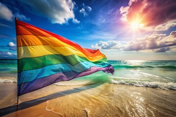 LGBTQ Pride Flag Beach Double Exposure - Vibrant Rainbow Colors & Ocean Waves