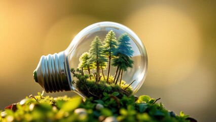A creative representation of nature within a light bulb, showcasing miniature trees thriving inside, symbolizing sustainability and environmental awareness.