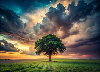 Fototapeta premium Lone Tree in Cloudy Field - Dramatic Landscape Stock Photo