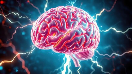 Obraz premium An artistic representation of a human brain surrounded by dynamic electric sparks, illustrating concepts such as creativity, intelligence, and neural activity.