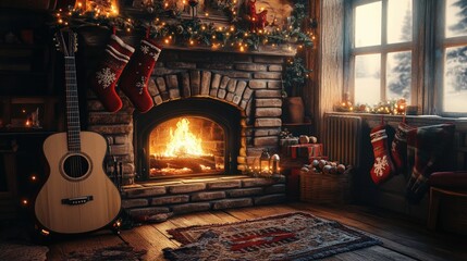 Obraz premium Cozy Christmas fireplace scene with guitar and stockings.