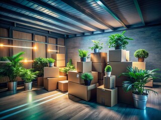 Long Exposure Photography: Stacked Boxes & Lush Indoor Plants in a Dark Room