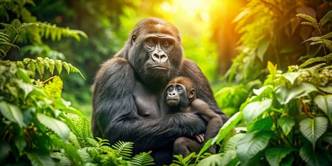 Obraz premium Loving Gorilla Mom and Baby in Lush Rainforest - Wildlife Stock Photo