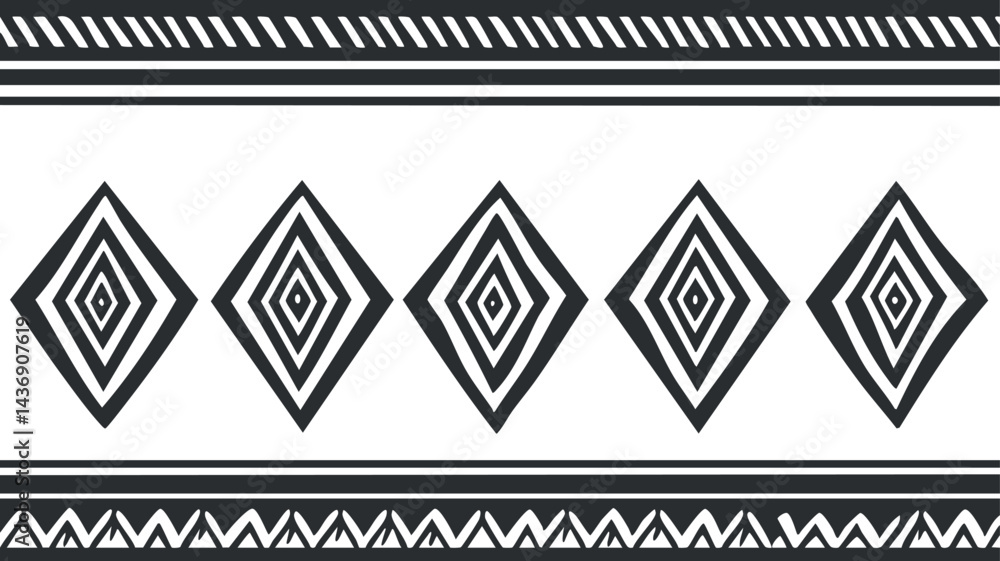 Poster black and white geometric diamond pattern border with decorative lines and abstract shapes