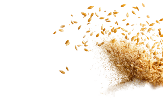 Brown sugar and sesame seeds splashing together, creating a dynamic culinary scene with a rich texture and inviting warmth. on transparent background