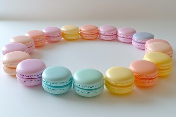 Obraz premium A circle of pastel-colored macarons arranged on a white background.