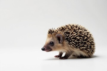 Obraz premium A lone hedgehog against a stark white backdrop, spines clearly visible, animal photography, closeup