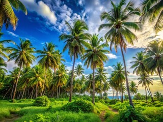 Lush Coconut Palm Trees on Tropical Island Beach, Sunny Sky - Peaceful Paradise Stock Photo