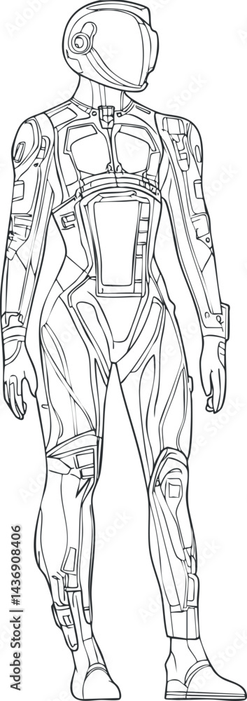 Poster outline sketch of a futuristic humanoid robot or android with detailed mechanical body parts