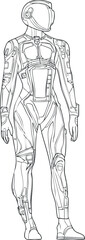 Outline sketch of a futuristic humanoid robot or android with detailed mechanical body parts