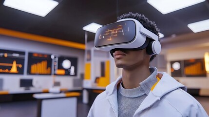 Young Man Wearing Virtual Reality Headset in Office