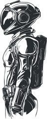 Black and white illustration of a futuristic astronaut in a detailed spacesuit with helmet and backpack viewed from the side. © vadymstock