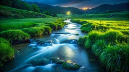 Fototapeta premium Lush Green Field Stream Water Night Low Light Photography
