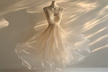 Fototapeta premium Elegant cream-colored dress flowing gracefully in sunlight, showcasing its sheer, pleated fabric.