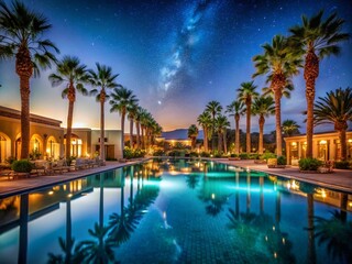 Fototapeta premium Luxurious Desert Resort Poolside Oasis: Palm Trees, Long Exposure Night Photography