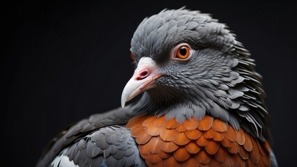 Close-Up Portrait of a Grey Pigeon with Intense Eyes in Low Light