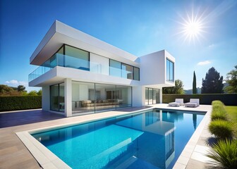 Fototapeta premium Luxurious White House with Pool and Large Glass Window - Modern Architecture Stock Photo