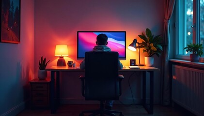 Empty chair at desk facing computer, room dimly lit, reflection, clean, alone