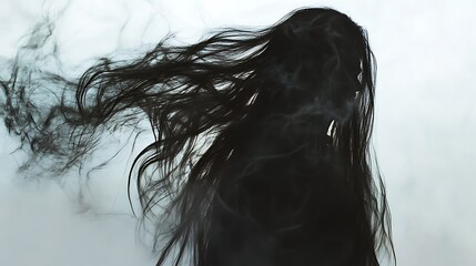 Ethereal figure with flowing black hair, emerging from smoke against a light background, creating an air of mystery and ethereal beauty.