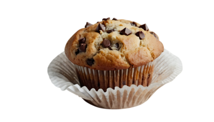 Delicious chocolate chip muffin isolated on a transparent background.cupcake, cake, chocolate, muffin, baked, bakery, breakfast, brown, delicious, dessert, food, 