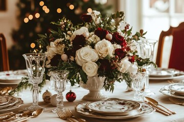 Fototapeta premium Elegant Christmas table centerpiece with white and burgundy roses, creating a festive and romantic atmosphere.