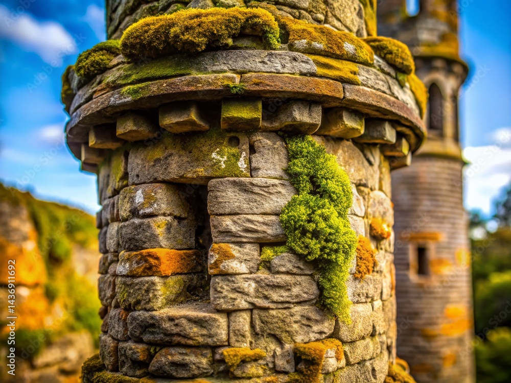 Poster macro detail of a tower's stonework, intricate textures and architectural elements