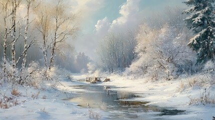 Serene Winter Wonderland Landscape: Snow Covered Trees, Frozen River, and Sunny Sky
