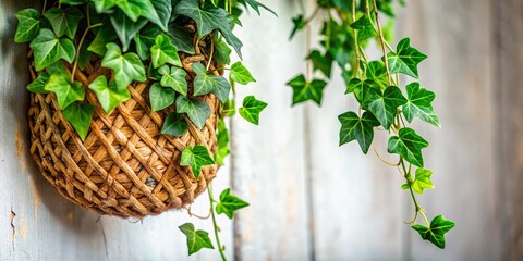 Macro Photography: Lush Ivy in Hanging Woven Planter Against White Wall