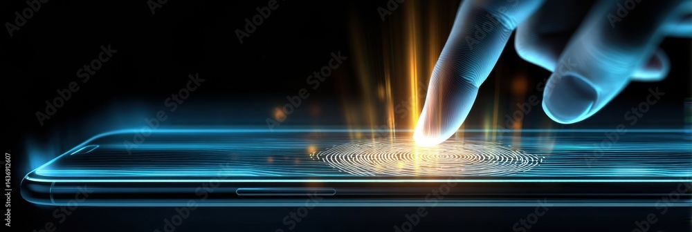 Aufkleber Floating Hand Interacts With Smartphone Featuring an Illuminated Biometric Scanner During a Tech Demonstration in a Modern Environment