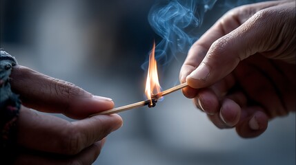 Close-up of Hand Lighting a Match with Smoke Swirl
