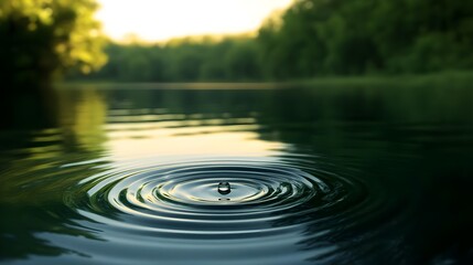 Droplet of Water Creates Ripples on Tranquil Surface of Lake