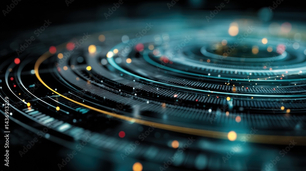 Poster Holographic Interface Displaying Advanced AI Data in a Circular Arrangement With Vibrant Colors and Dynamic Elements