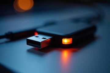 close-up of a sleek USB drive with glowing LED accents, resting on a reflective surface, modern tech accessory