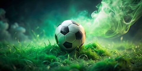 Fototapeta premium Macro Soccer Ball on Green Grass with Ethereal Smoke - Stock Photo