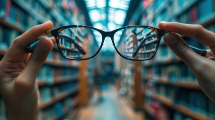 A hand holds glasses in focus against a blurred library aisle, symbolizing clarity and knowledge. Focused Library Perspective