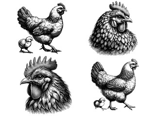 Vintage Chicken Collection Sketch Illustration, Hand-Drawn Farm Animals in Rustic Style, Detailed Rooster, Hen, and Chick Artworks