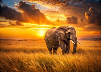 Naklejka premium Majestic African Elephant in Serengeti Grassland at Sunset - Wildlife Photography