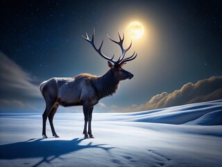 Majestic Black Elk in Snowy Field - Winter Wildlife Night Photography