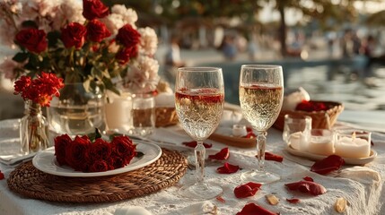 Romantic outdoor dining setting with roses