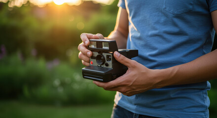 Close up man holding instant camera outdoors vintage photography style golden hour light. Vintage instant photography, golden hour light, retro camera concept.