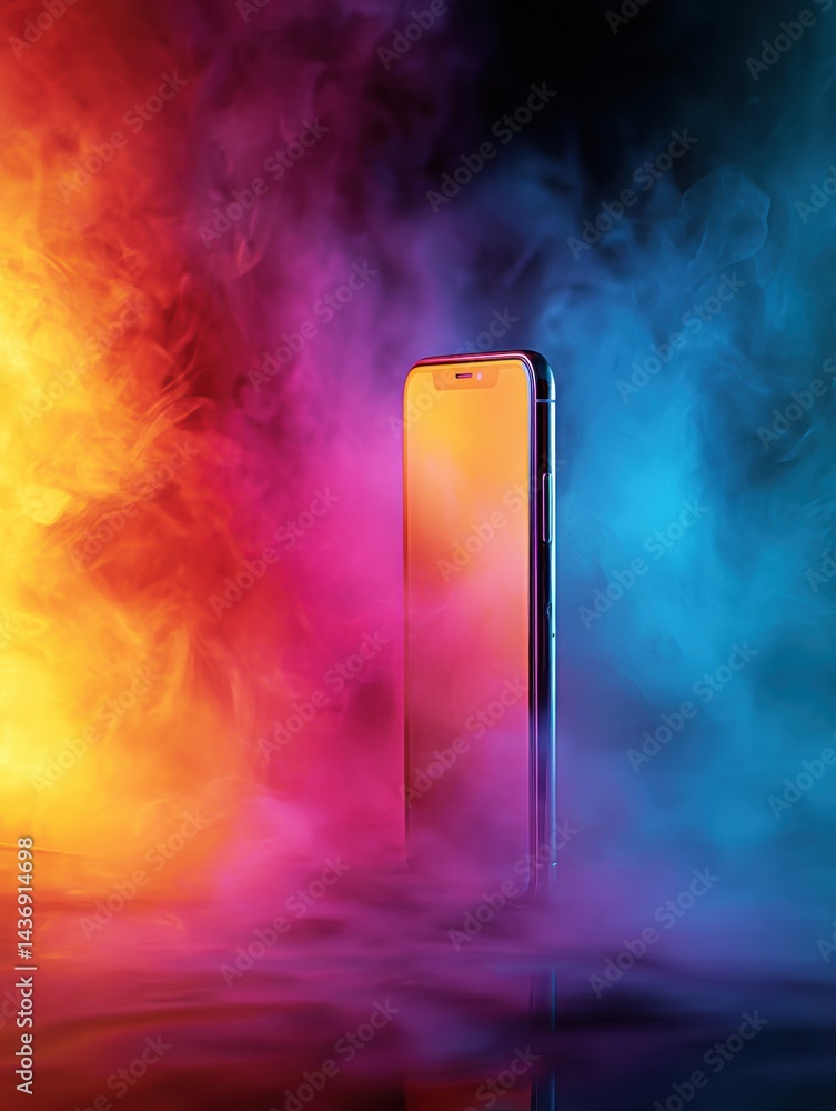 Poster Floating Smartphone Emerges From Colorful Gradient Fog in a Dreamy Aesthetic Setting