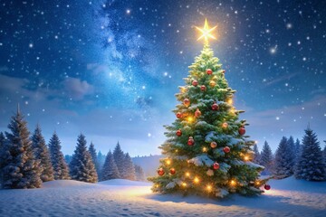 Naklejka premium Majestic Christmas Tree in Winter Wonderland - Snow Covered Branches & Sparkling Star