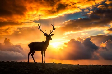 Naklejka premium Majestic Deer Silhouette at Sunset, Proud Posture in Dirt