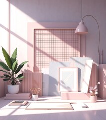 Pastel Pink Minimalist Home Office Desk Mockup with Sunlight and Plants Perfect for bloggers designers and creatives