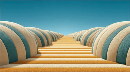 Fototapeta premium Abstract Pathway with Beige and Teal Striped Spheres Under Blue Sky