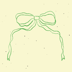 Chalk Textured Ribbon Bow. Cute kids pencil hand drawing element. Coquette aesthetic bow knot symbol in vintage style. Cartoon freehand drawn colorful vector illustration isolated on pastel background