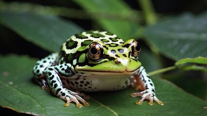 Fototapeta premium Green Tree Frog on Leaf – Nocturnal Amphibian Wildlife Close-Up