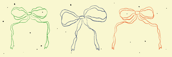 Chalk Textured Ribbon Bow Set. Cute kids pencil hand drawing elements. Coquette aesthetic vintage style bow knot symbol. Cartoon freehand drawn color vector illustration isolated on pastel background